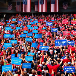 A vibrant and animated scene of a huge political rally divided down the middle