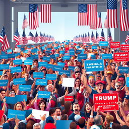 A vibrant and animated scene of a huge political rally divided down the middle