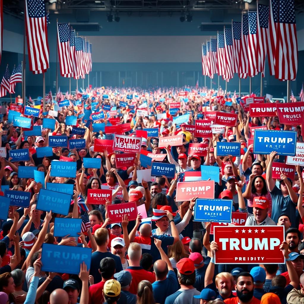 A vibrant and animated scene of a huge political rally divided down the middle