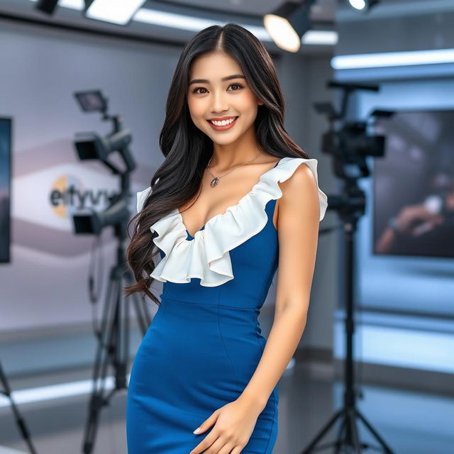 An 18-year-old slender Korean woman with a luminous smile, highlighting her straight white teeth