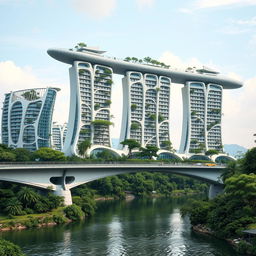 A bridge spanning across a river adorned with high-rise, multistory buildings of bionic shapes, exhibiting a fantastical appearance