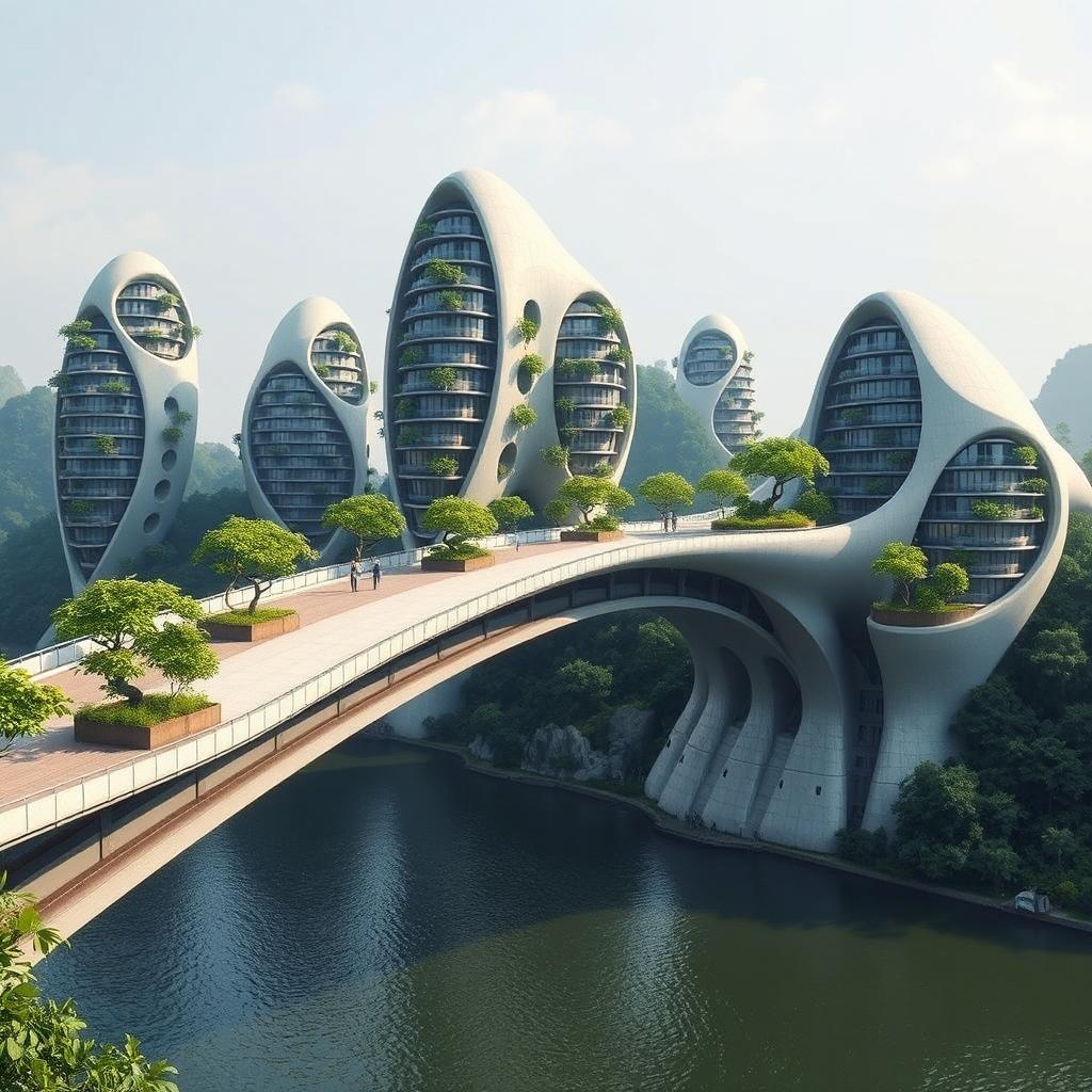 A bridge spanning across a river adorned with high-rise, multistory buildings of bionic shapes, exhibiting a fantastical appearance