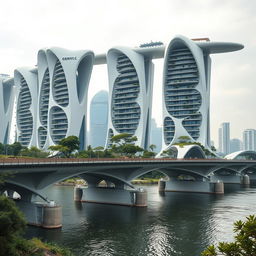 A bridge spanning across a river adorned with high-rise, multistory buildings of bionic shapes, exhibiting a fantastical appearance