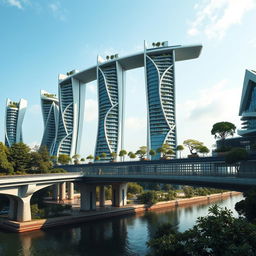 A bridge spanning across a river adorned with high-rise, multistory buildings of bionic shapes, exhibiting a fantastical appearance