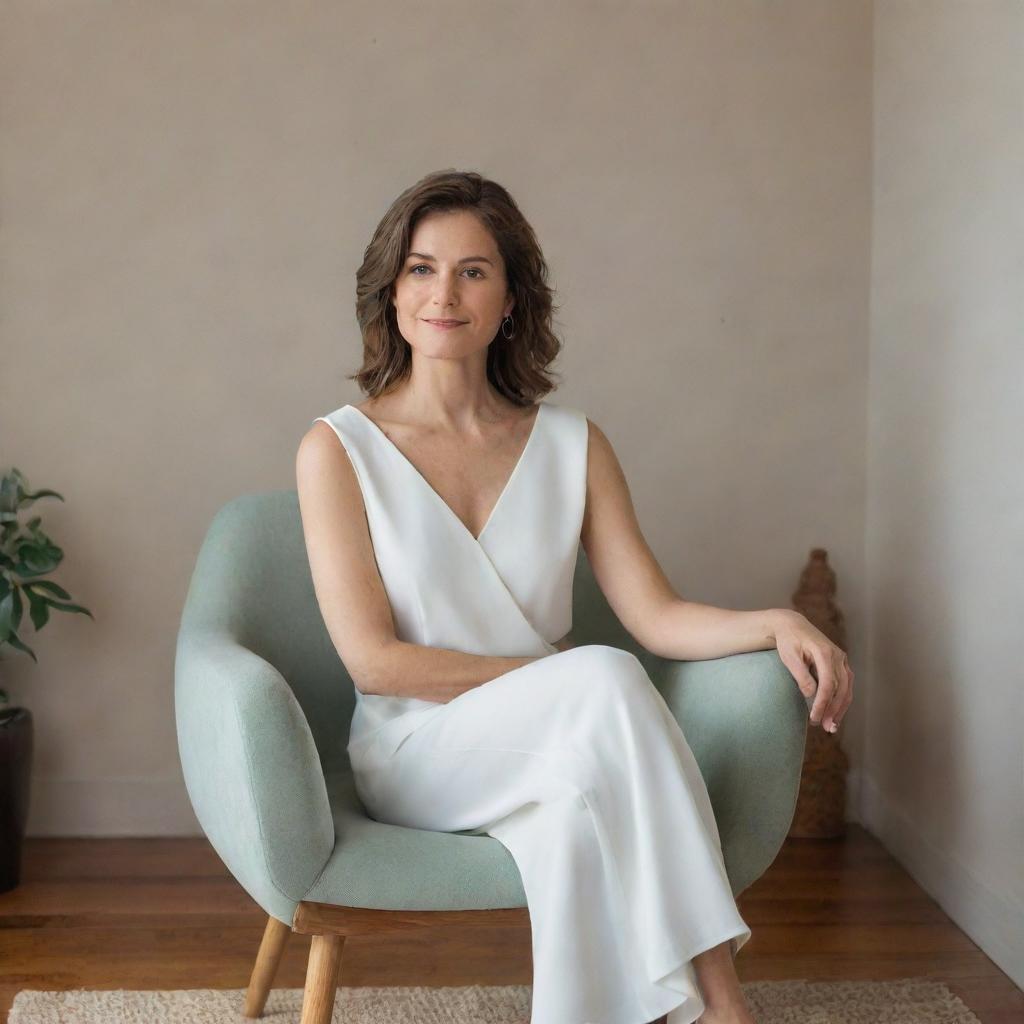 A woman sitting elegantly on a chair, radiating a peaceful ambiance.