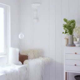 A pristine, all-white room adorned with a variety of tasteful decorations to add interest and depth to the minimalist space.