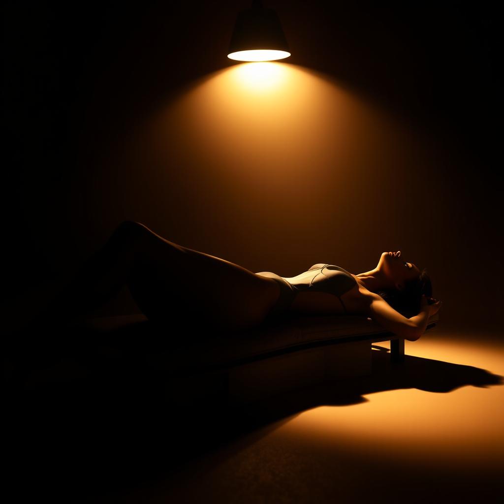 An artistic and realistic photo capturing the illuminated silhouette of a young, slender woman in a swimsuit, lying on her back on a lounger in a completely dark space