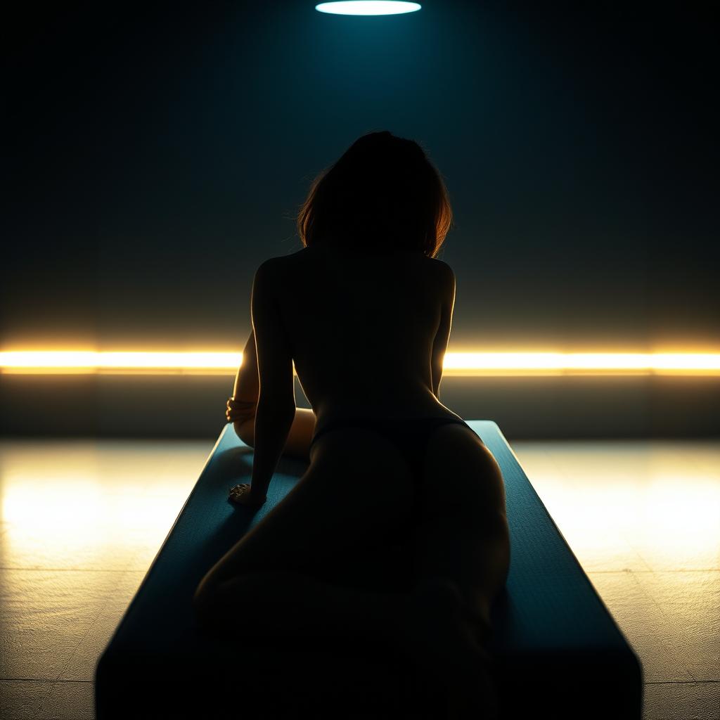 An artistic and realistic photo capturing the illuminated silhouette of a young, slender woman in a swimsuit, lying on her back on a lounger in a completely dark space