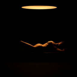 An artistic and realistic photo capturing the illuminated silhouette of a young, slender woman in a swimsuit, lying on her back on a lounger in a completely dark space