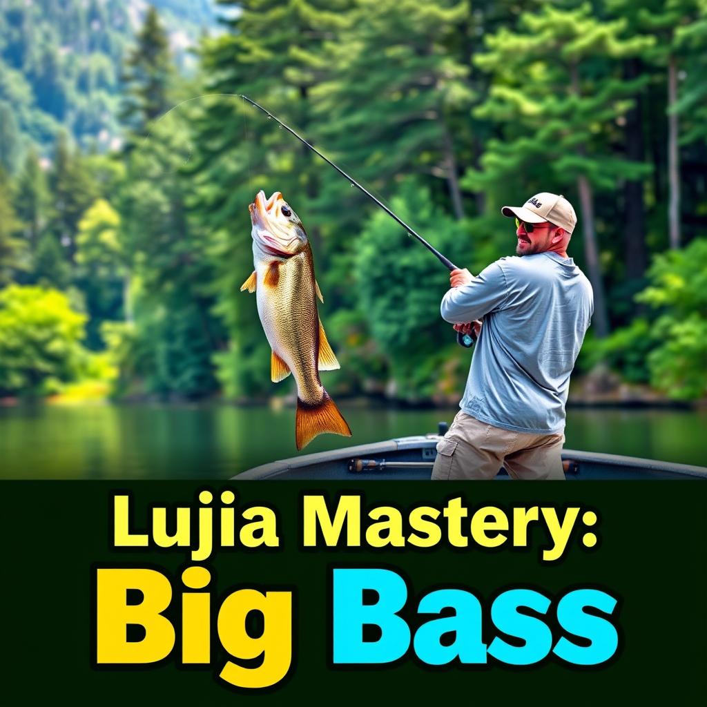 A man in a gray fishing jersey stands on a boat, skillfully casting his fishing rod into the water, as a large bass fish on the hook leaps dramatically out of the water