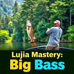 A man in a gray fishing jersey stands on a boat, skillfully casting his fishing rod into the water, as a large bass fish on the hook leaps dramatically out of the water