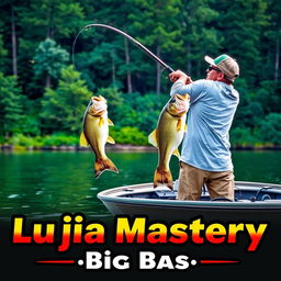 A man in a gray fishing jersey stands on a boat, skillfully casting his fishing rod into the water, as a large bass fish on the hook leaps dramatically out of the water