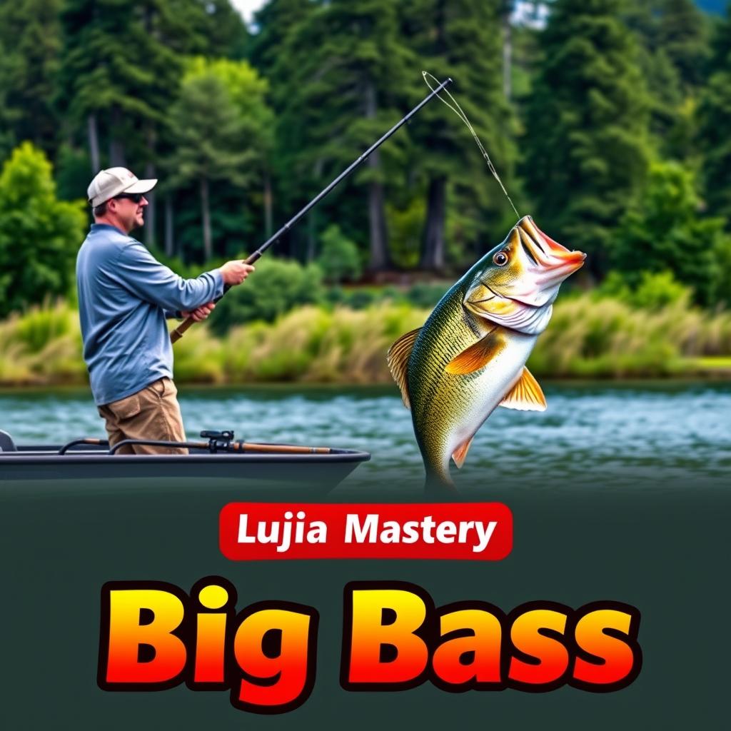 A man in a gray fishing jersey stands on a boat, skillfully casting his fishing rod into the water, as a large bass fish on the hook leaps dramatically out of the water