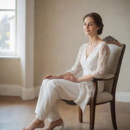 A woman sitting elegantly on a chair, radiating a peaceful ambiance.