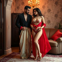 A captivating Arabian supermodel with voluptuous features, elegantly styled in a luxurious muga, cream, and red Chadar, a red mekhela, and a red blouse, accompanied by high heels