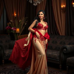 A captivating Arabian supermodel with voluptuous features, elegantly styled in a luxurious muga, cream, and red Chadar, a red mekhela, and a red blouse, accompanied by high heels