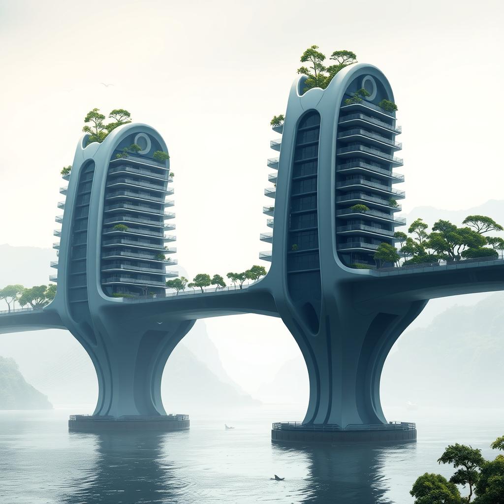 A bridge spanning across a river with high-rise, multistory buildings of bionic shapes, featuring a fantastical appearance