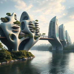 A bridge spanning across a river with high-rise, multistory buildings of bionic shapes, featuring a fantastical appearance