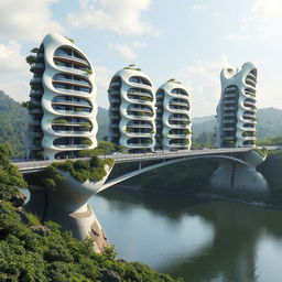 A bridge spanning across a river with high-rise, multistory buildings of bionic shapes, featuring a fantastical appearance