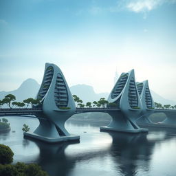 A bridge spanning across a river with high-rise, multistory buildings of bionic shapes, featuring a fantastical appearance