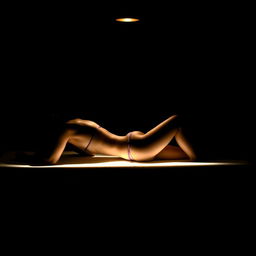 An artistic and realistic photo capturing the illuminated silhouette of a young, slender woman in a swimsuit, lying on her side on a lounger in a completely dark space