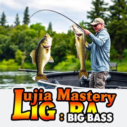 A man wearing a gray fishing jersey stands on a boat, casting his fishing rod into the water as a large bass fish on the hook leaps dramatically out of the water