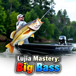 A man wearing a gray fishing jersey stands on a boat, casting his fishing rod into the water as a large bass fish on the hook leaps dramatically out of the water