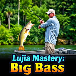 A man wearing a gray fishing jersey stands on a boat, casting his fishing rod into the water as a large bass fish on the hook leaps dramatically out of the water