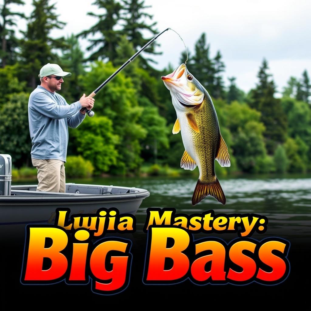 A man wearing a gray fishing jersey stands on a boat, casting his fishing rod into the water as a large bass fish on the hook leaps dramatically out of the water