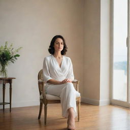 A woman sitting elegantly on a chair, radiating a peaceful ambiance.