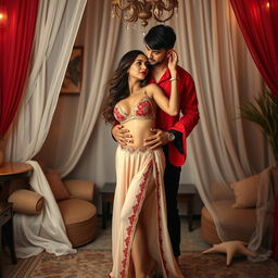 A sensual Arabian supermodel with an alluring figure, depicted in an intimate setting inside an Oyo room