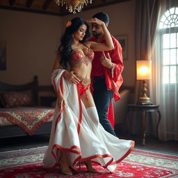 A sensual Arabian supermodel with an alluring figure, depicted in an intimate setting inside an Oyo room