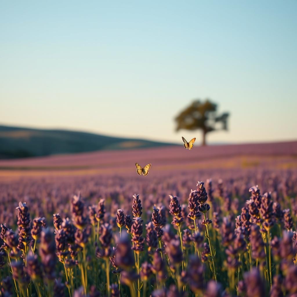 A serene landscape depicting an expansive field of lavender flowers under a clear blue sky, with gentle rolling hills in the background