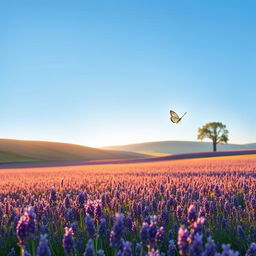 A serene landscape depicting an expansive field of lavender flowers under a clear blue sky, with gentle rolling hills in the background