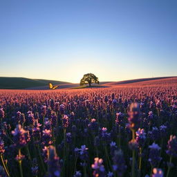 A serene landscape depicting an expansive field of lavender flowers under a clear blue sky, with gentle rolling hills in the background