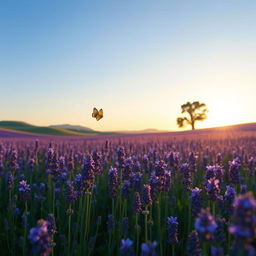 A serene landscape depicting an expansive field of lavender flowers under a clear blue sky, with gentle rolling hills in the background