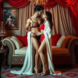 An alluring Arabian supermodel with an enticing figure, depicted in a sensual and intimate setting within an Oyo room