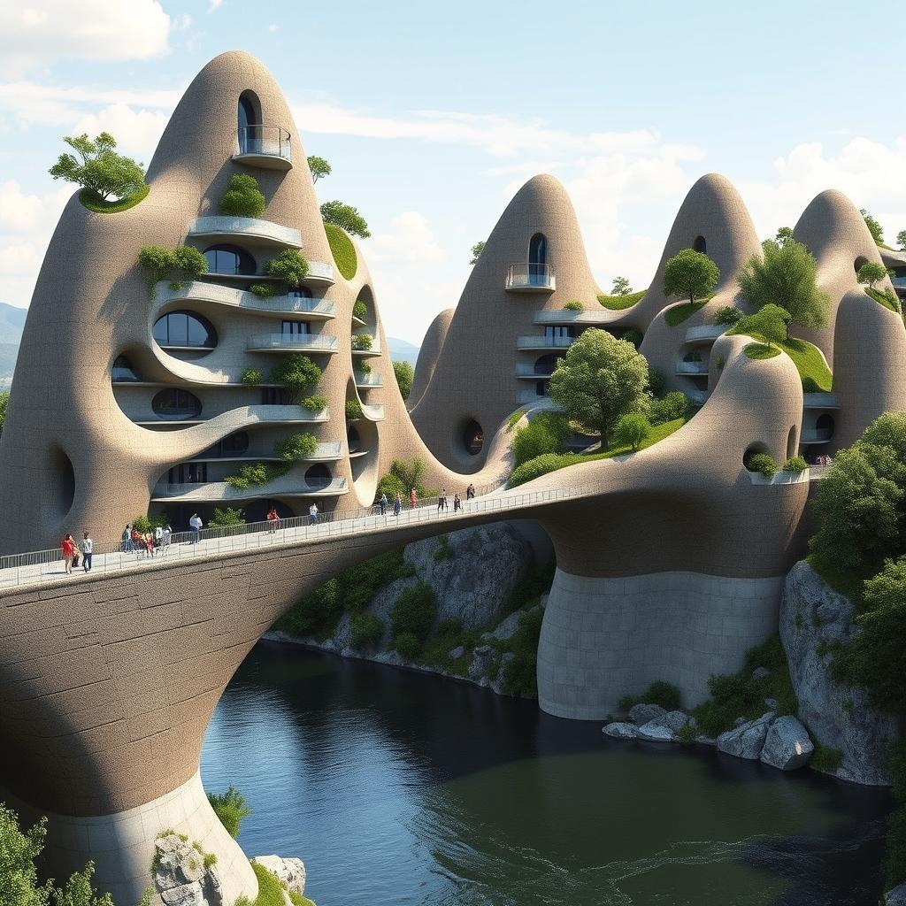 A highly realistic, photographic quality image of a bridge spanning across a river in Europe, seamlessly integrated with high-rise, multistory buildings of bionic shapes, exhibiting a fantastical and futuristic design