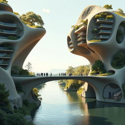 A highly realistic, photographic quality image of a bridge spanning across a river in Europe, seamlessly integrated with high-rise, multistory buildings of bionic shapes, exhibiting a fantastical and futuristic design