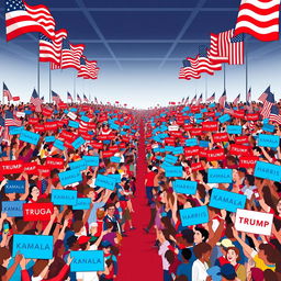 An animated depiction of a massive political rally, with the right side of the crowd adorned in striking red signs and banners boldly displaying messages like 'Trump' and 'MAGA'