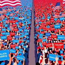 An animated depiction of a massive political rally, with the right side of the crowd adorned in striking red signs and banners boldly displaying messages like 'Trump' and 'MAGA'