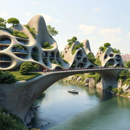 A highly realistic, photographic quality image of a bridge spanning across a river in Europe, seamlessly integrated with high-rise, multistory buildings of bionic shapes, exhibiting a fantastical and futuristic design