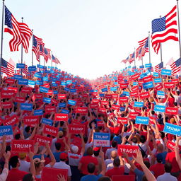 An animated depiction of a massive political rally, with the right side of the crowd adorned in striking red signs and banners boldly displaying messages like 'Trump' and 'MAGA'