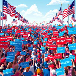 An animated depiction of a massive political rally, with the right side of the crowd adorned in striking red signs and banners boldly displaying messages like 'Trump' and 'MAGA'