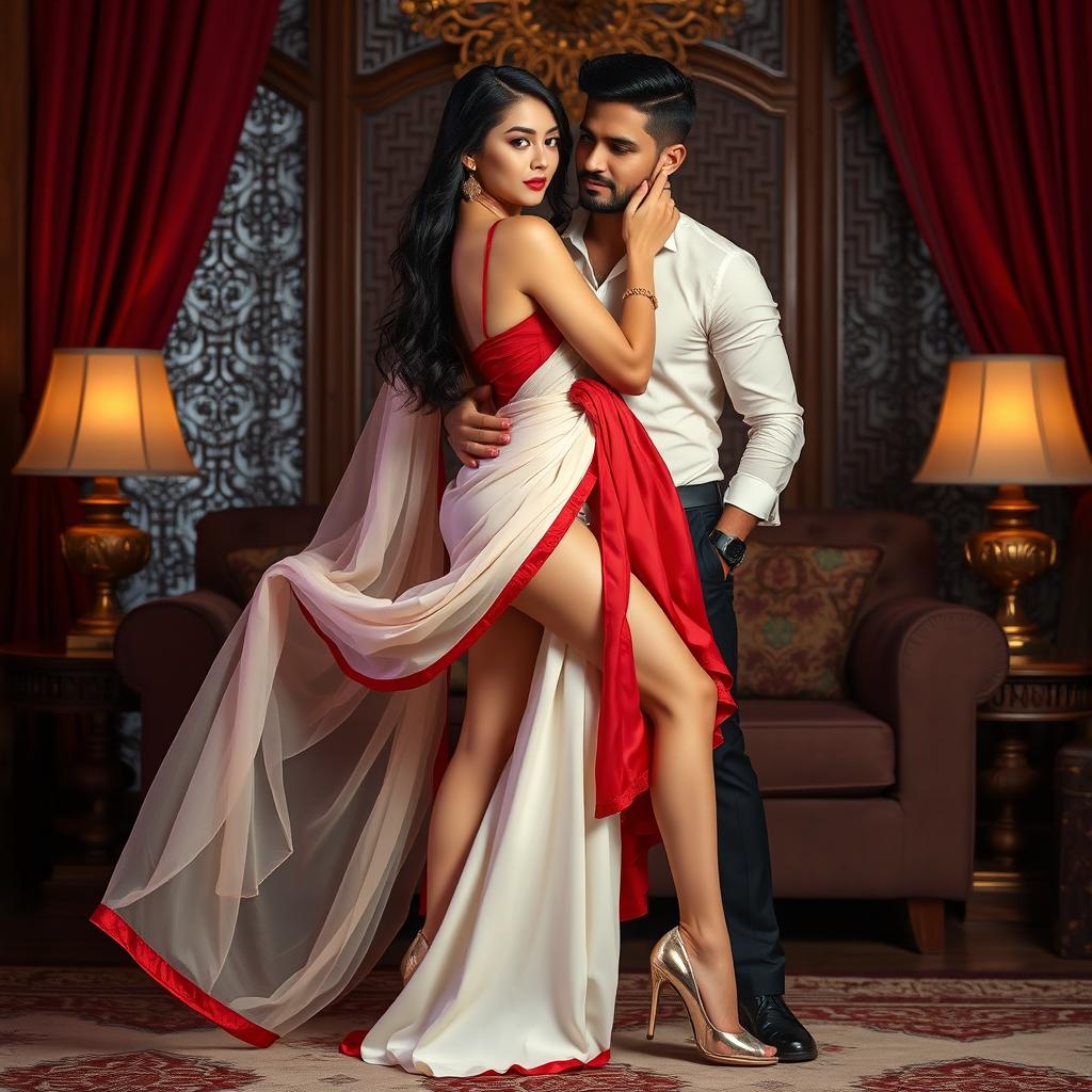 An alluring Chinese supermodel with an enticing figure, styled in an elegant muga, cream, and red Chadar, red mekhela, and blouse, accentuated by high heels