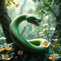 A hyper-realistic 3D green wood snake hybrid with fantasy features, coiled gracefully in a mythical forest setting