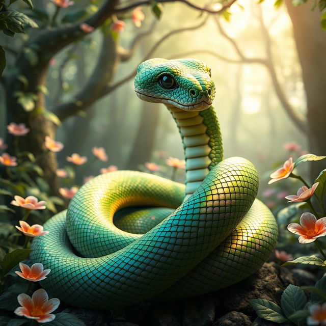 A hyper-realistic 3D green wood snake hybrid with fantasy features, coiled gracefully in a mythical forest setting