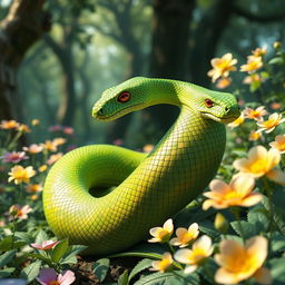 A hyper-realistic 3D green wood snake hybrid with fantasy features, coiled gracefully in a mythical forest setting