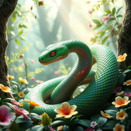 A hyper-realistic 3D green wood snake hybrid with fantasy features, coiled gracefully in a mythical forest setting