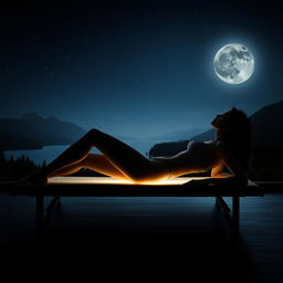 An artistic and realistic photo capturing the illuminated silhouette of a young, slender woman in a swimsuit, lying on her side on a lounger under the light of a full moon in a completely dark space